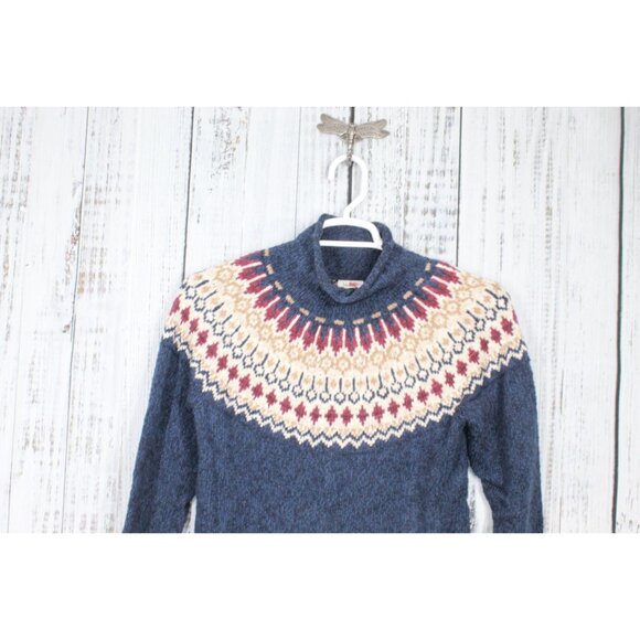 LL Bean Cotton Ragg Sweater Funnelneck Pullover Fair Isle Navy M Pet - Picture 2 of 9